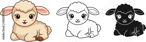 Cute cartoon lamb vector illustration in different styles for kids coloring book
