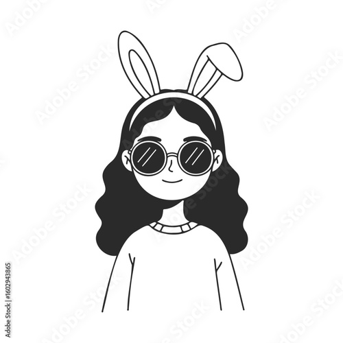 Monochrome cartoon of girl with bunny ears and sunglasses – stock vector icon in line style
