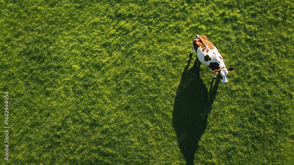 Naklejka premium Aerial view of a cow in a green pasture.
