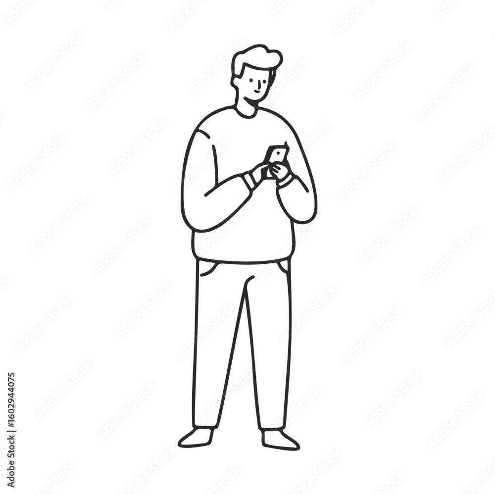 Simple line drawing of young caucasian male with smartphone – stock vector icon in line style Simple line drawing of young caucasian male with smartphone – stock vector icon in line style