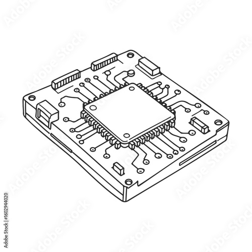 Microcontroller circuit board illustration with connectors and pins – stock vector icon in line style