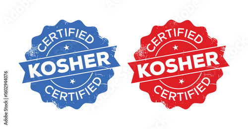 Kosher Certified Grunge Stamp Vector Icons in Red and Blue for Food Labelling Design. Kosher certified food products label, badge or logo