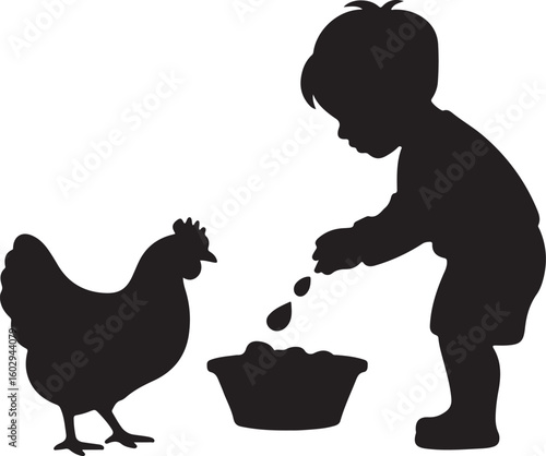 Child feeding chickens silhouette vector illustration design