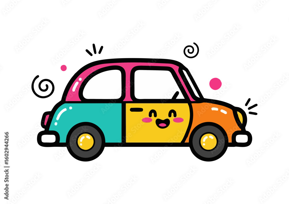 Obraz premium Cartoon colorful car illustration with a cheerful face