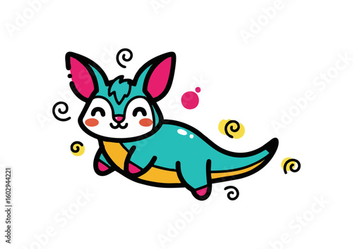 Playful fantasy creature illustration with colorful wings and cheerful expression