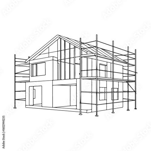 Architectural outline of modern house under construction with scaffolding – stock vector icon in line style