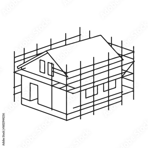 Line art illustration of house under construction with scaffolding – stock vector icon in line style