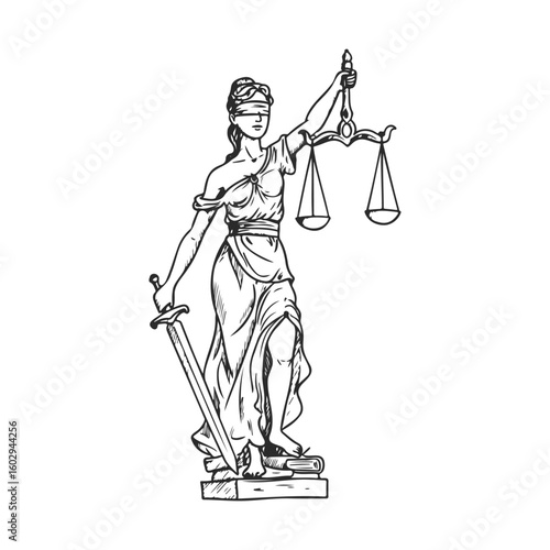 Blindfolded female justice statue holding scales and sword illustration – stock vector icon in line style