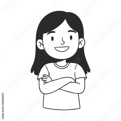 Smiling asian female child cartoon character with crossed arms on white background – stock vector icon in line style