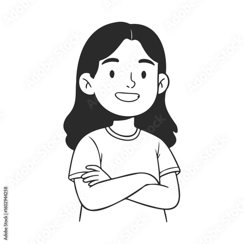 Smiling caucasian female child with long hair in t-shirt illustration – stock vector icon in line style