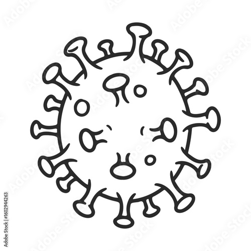 Black and white coronavirus illustration with detailed spike proteins – stock vector icon in line style