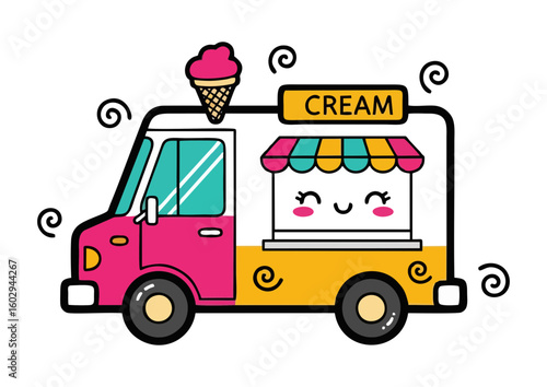 Cartoon ice cream truck illustration with a cheerful face and vibrant colors