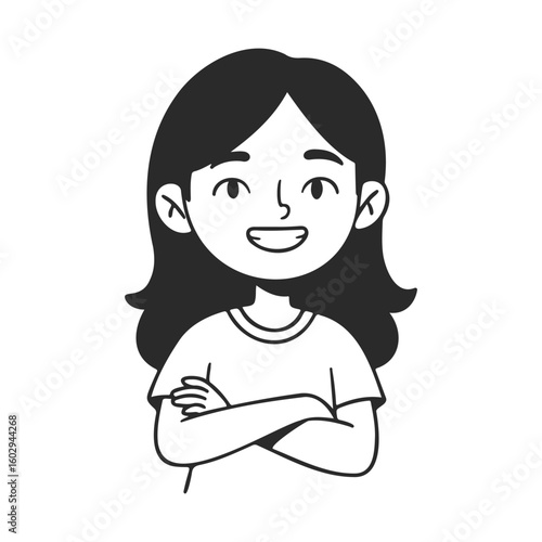 Smiling cartoon girl with crossed arms illustration – stock vector icon in line style
