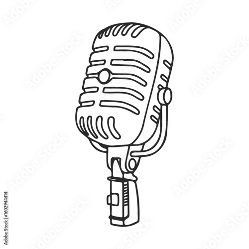 Vintage retro microphone drawing with classic design and metal frame – stock vector icon in line style