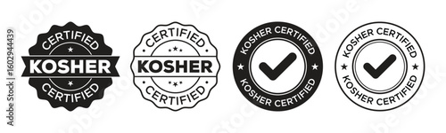Kosher certified stamp Icons set in solid black and outlined. Kosher Certified Badge stamp Vector Icons Set for Food Labelling and Packaging Design