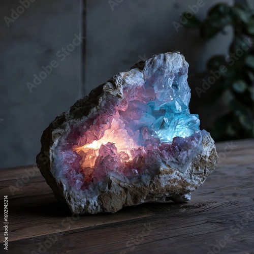 An incandescent, plasma-like blue and pink geode rock, sitting on the floor, with a glowing light inside it.