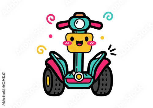 Cartoon segway illustration with a cheerful face and vibrant colors 