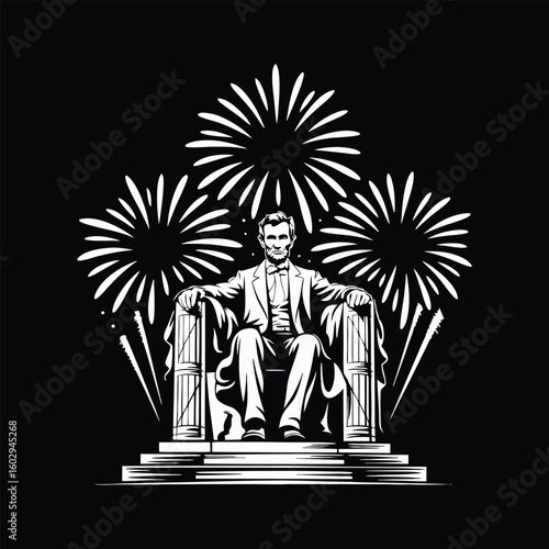 Abraham Lincoln seated with fireworks display statue monument