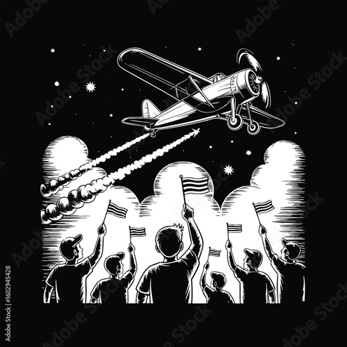 Airplane flying over crowd waving flags biplane vintage aircraft