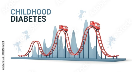 Illustration showing childhood diabetes with a roller coaster and cartoon girl figures around it