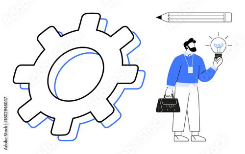 Gear symbolizes process, man holding lightbulb signifies innovation, pencil denotes planning. Ideal for teamwork, creativity, brainstorming, business strategy, process improvement, product design