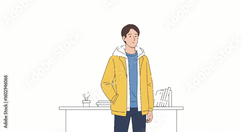 Relaxed young man in casual yellow jacket standing calmly at a desk, minimalist vector illustration for leisure, downtime, and quiet moments.