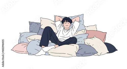 Relaxed person resting on a large pile of soft pillows, embracing a cozy, tranquil lazy day. Digital illustration for comfort and leisure.