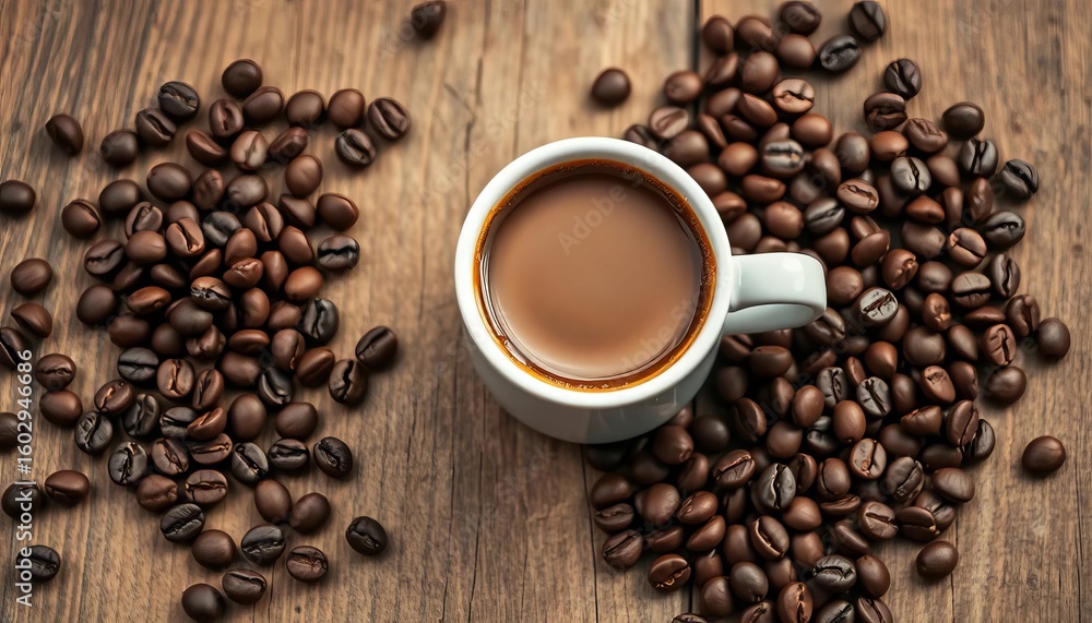 Fototapeta premium Espresso in small cup, coffee beans scattered on aged wooden table, beans, detail