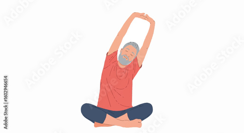Elderly man stretching comfortably in a cross-legged position, promoting gentle exercise, relaxation, and wellness.
