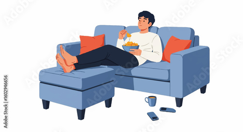 Relaxed person on sofa with snacks, enjoying leisure. Cozy home comfort, ideal for lazy day, downtime, weekend relaxation concept.