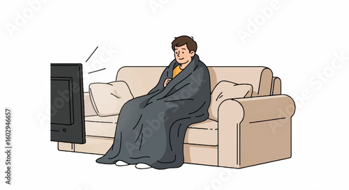 Cozy person wrapped in a blanket relaxing on a sofa watching TV, perfect for National Lazy Day at home