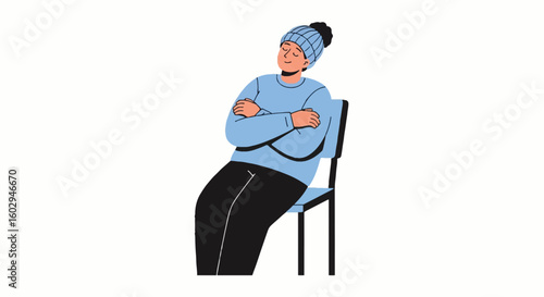 Unmotivated person sitting backwards on a chair with arms crossed, wearing a winter hat. Ideal for National Lazy Day concepts.