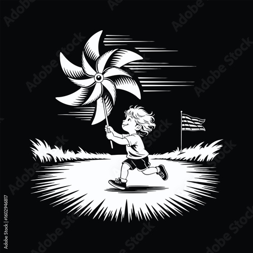 Joyful child running with pinwheel and flag outdoors