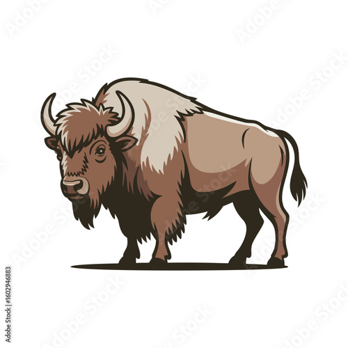 Majestic brown bison with shaggy fur and curved horns buffalo mammal