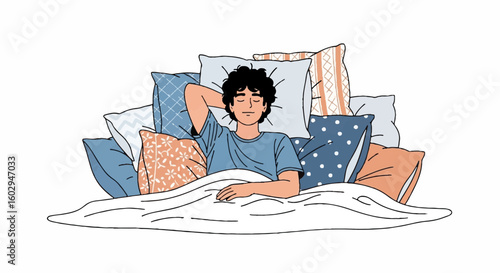 Relaxing Person Illustration: Enjoying a Lazy Day of Comfort and Rest in Bed, Surrounded by Cozy Pillows and Soft Blanket
