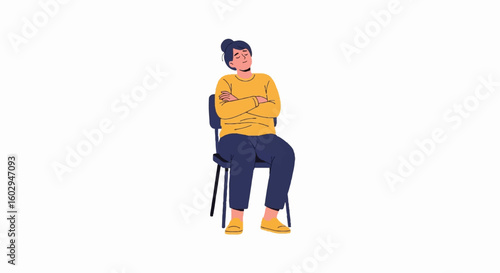 Bored woman sitting idly with crossed arms on a chair, looking tired or unmotivated. Flat vector illustration for National Lazy Day.
