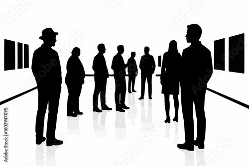 Silhouette of people in art gallery observing framed artwork