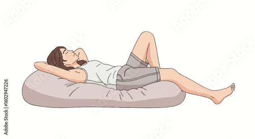 Relaxed person illustration lying on a soft beanbag cushion, enjoying a peaceful nap or lazy day. Concept of comfort, rest, and unwinding.