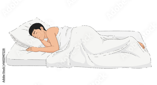 Peaceful Man Sleeping Comfortably in Bed, Embracing Rest and Relaxation. Ideal for Lazy Day, Health, and Wellness.
