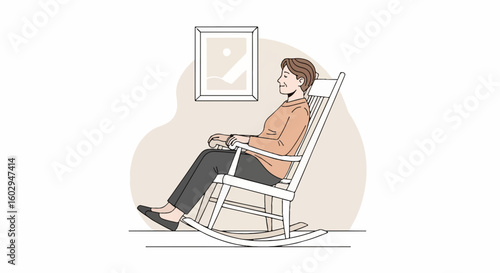 Senior person relaxing calmly in a rocking chair illustration, depicting leisure, comfort, peace, and unwinding, ideal for a lazy day.