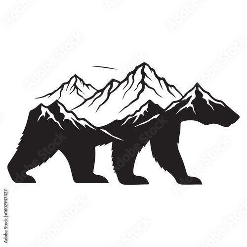 Double Exposure Bear with Mountain – Black Vector Illustration, AI generator