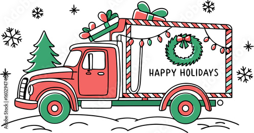 Illustration of a red christmas truck carrying gifts and a christmas tree with happy holidays message