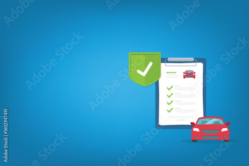 Car insurance document, report. Paper agreement checklist or loan checkmarks form list approved with automobile icon, vehicle financial, car dealership legal deal.	