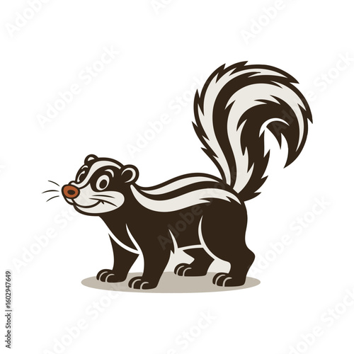 Stylized skunk with bushy striped tail and brown fur animal wildlife