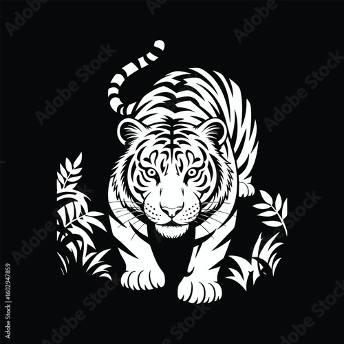 White tiger stalking through foliage black