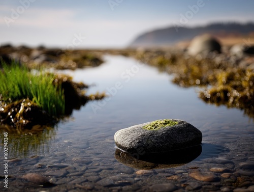 Tranquil stone resting in shallow water.
