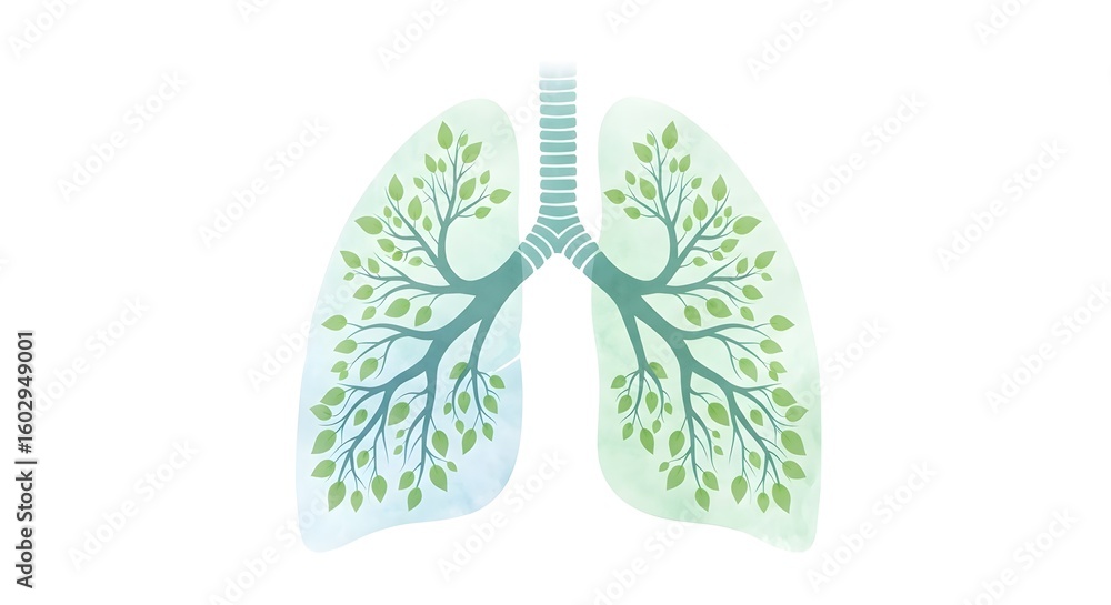 Illustration of human lungs with branches and leaves inside on a white background view from front Illustration of human lungs with branches and leaves inside on a white background view from front