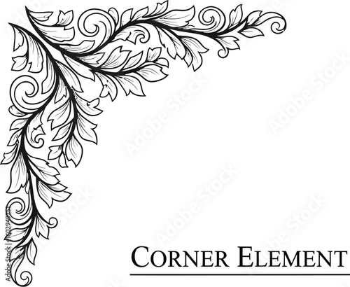 Elegant corner flourish showcases a detailed botanical design, perfect for adding a touch of classic sophistication to invitations, cards, and various creative projects.