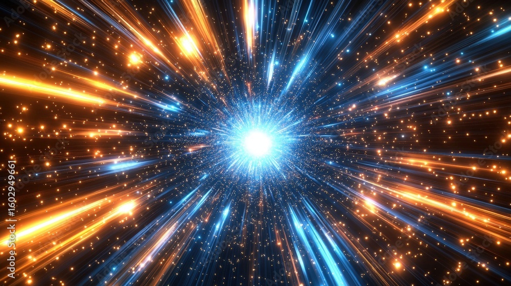 Obraz premium A bright white core radiates dynamic blue and orange light streaks and particles, creating a vivid cosmic explosion effect in a dark space background.