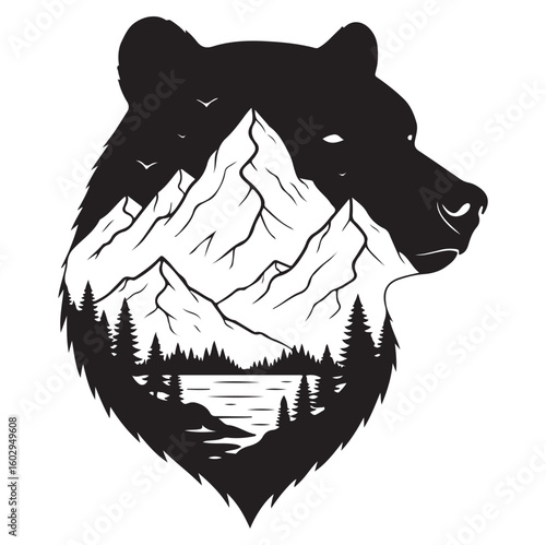 Double Exposure Bear with Mountain – Black Vector Illustration, AI generator